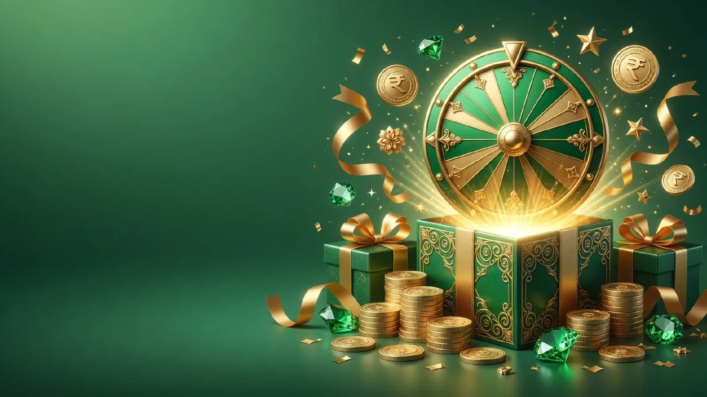 Festive emerald-and-gold illustration with gift boxes and casino ornaments.